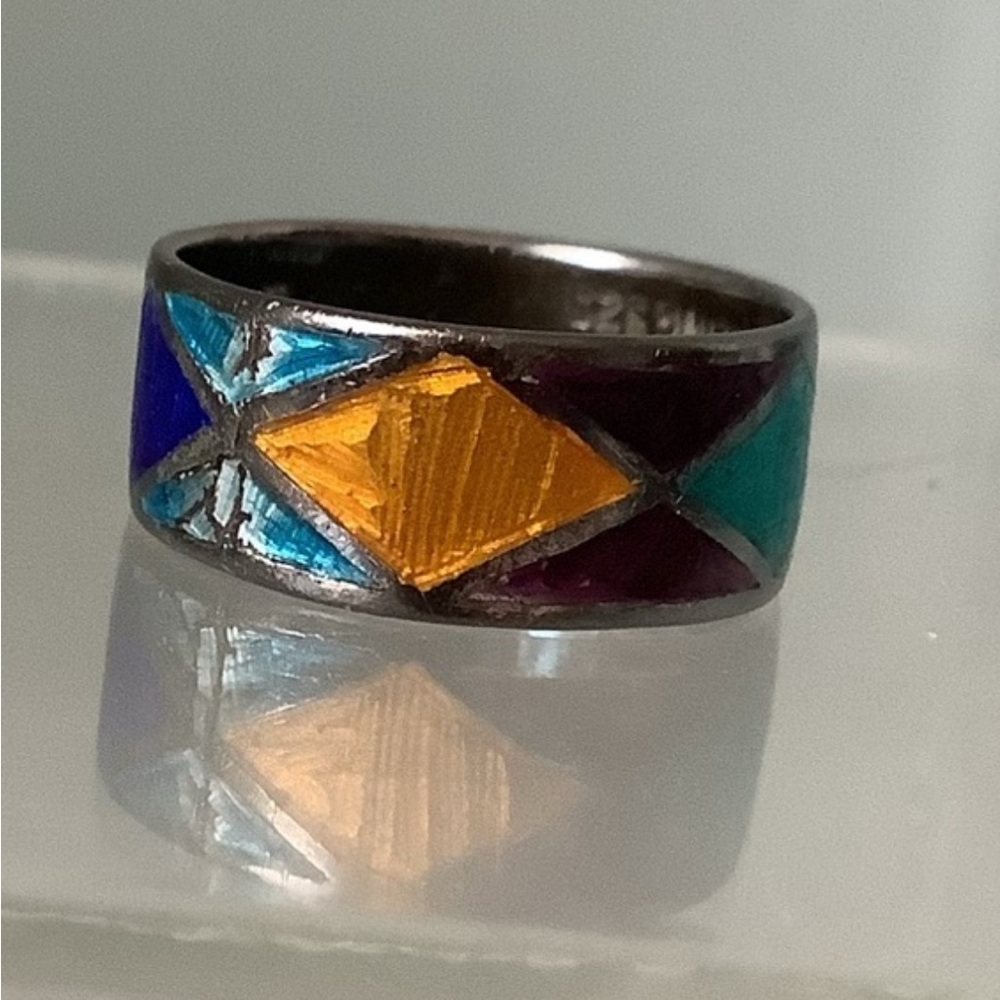 New vintage silver colourful harlequin cloisonné ring - Picture 3 of 12